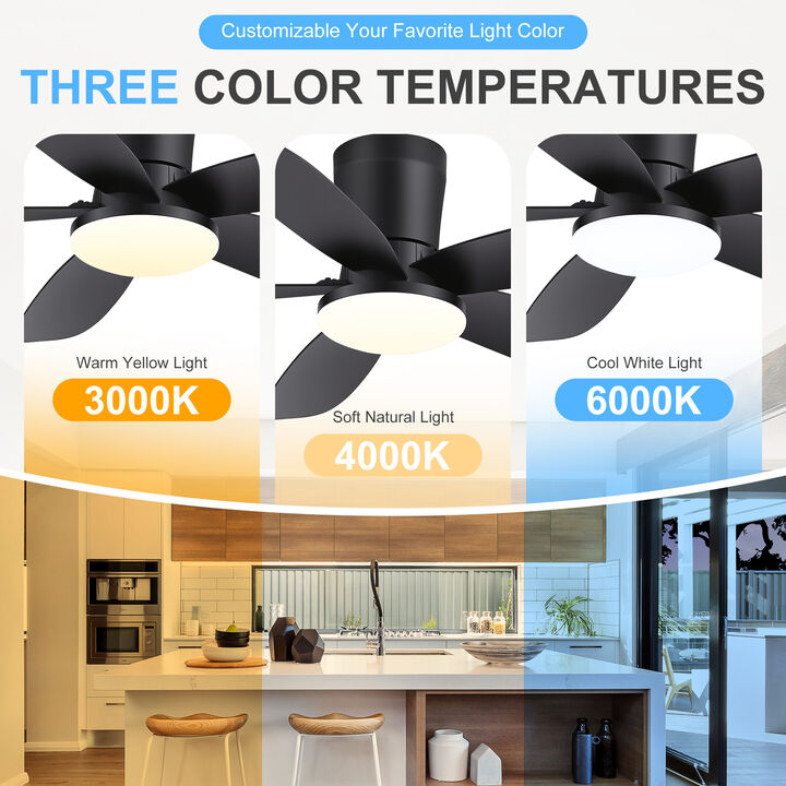 Breezary 42" Flush Mount LED Ceiling Fan with Light, 5 Blade , 6 Speed , Reversible, Quiet Low Profile Fan