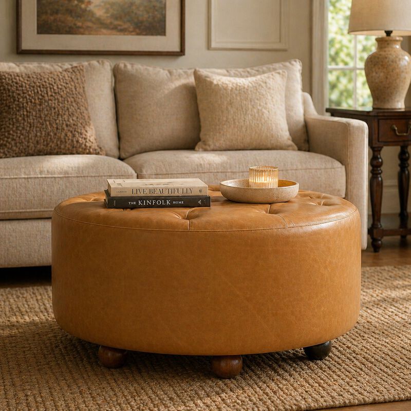 Artisan Furniture Solid Wood Amber Oak Leather Coffee Table , Brown image number 1