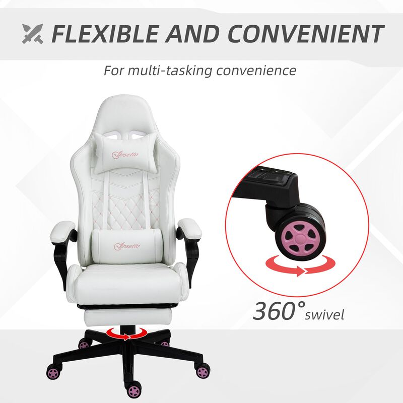 Gaming Chair with Swivel Wheel, Computer Chair with PU Leather & Retractable Footrest, Racing Gaming Chair, White