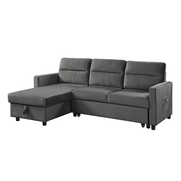 Ami 82 Inch Reversible Sleeper Sectional Sofa, Side Pocket, Gray Velvet-Benzara