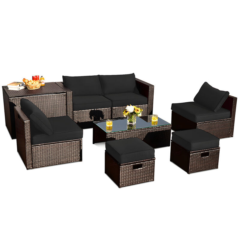 8-Piece Patio Rattan Furniture Set with Storage Box and Waterproof Cover, Outdoor Set