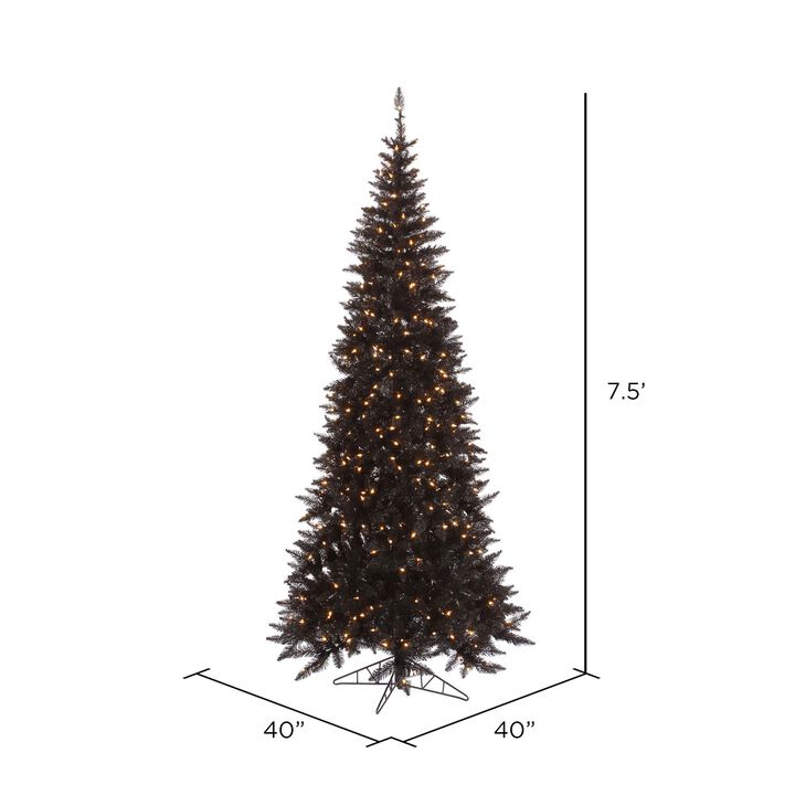 Vickerman 7.5' Black Fir Slim Artificial Christmas Tree with 1238 PVC Tips, 500 Warm White Dura-lit LED Lights on Black Wire, Metal Hinged Branches, On/Off Step Switch, and Metal Tree Stand Included