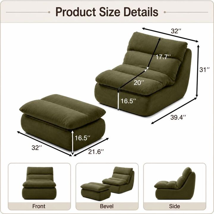 GOODSILO Tufted Upholstered Large Chaise Lounge Bean Bag Chair With Matching Ottoman Comfortable Lazy Sofa For Living Room Bedroom Reading Napping