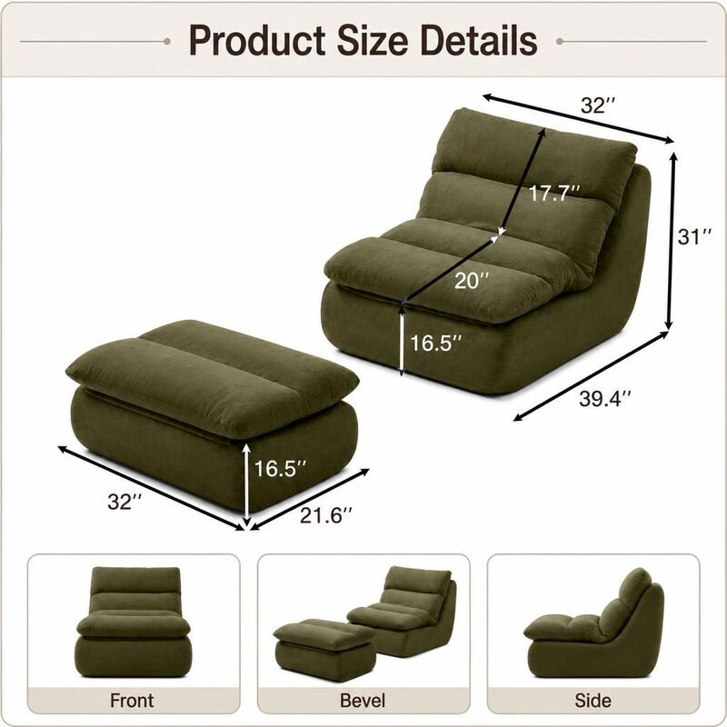 GOODSILO Tufted Upholstered Large Chaise Lounge Bean Bag Chair With Matching Ottoman Comfortable Lazy Sofa For Living Room Bedroom Reading Napping image number 1