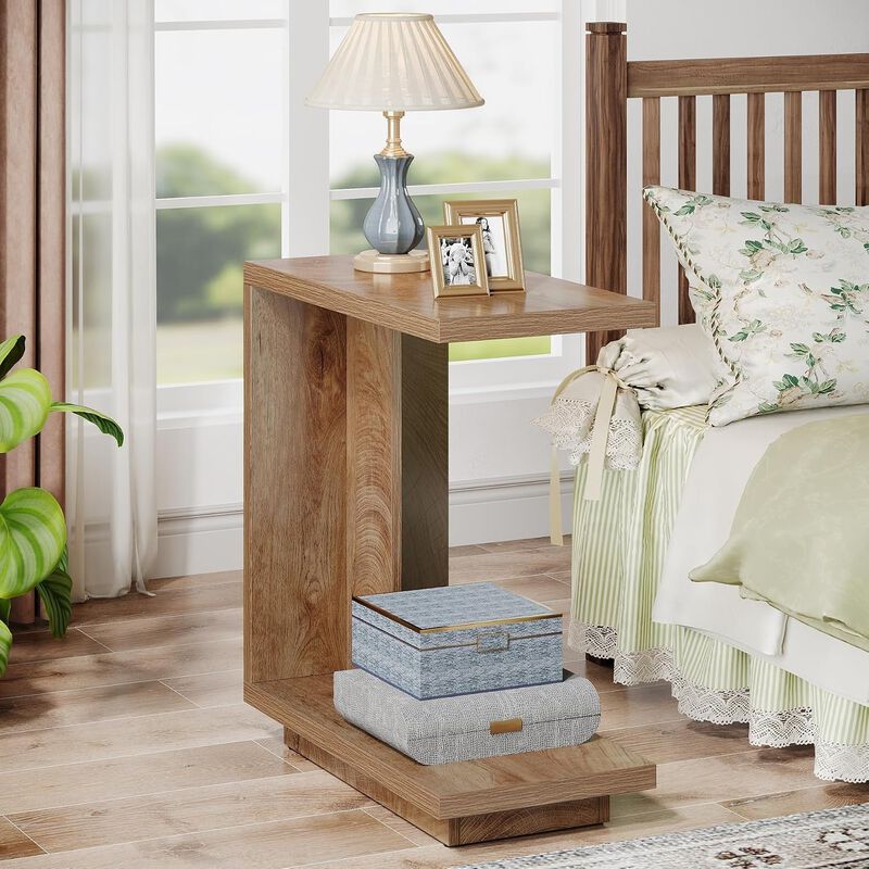 C Shaped End Wood Table with 2 Shelves, Slim Nightstand, Slides Over Sofa or Bed image number 2