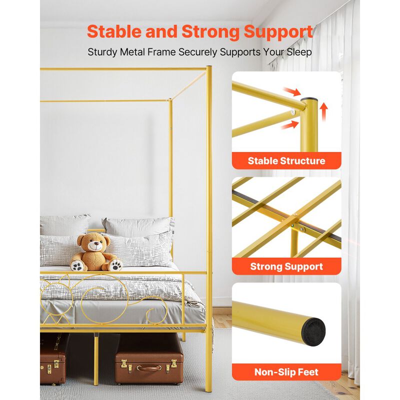 Full Size Metal Canopy Bed Frame, Gold, Four Poster Design with Steel Slat Support image number 9