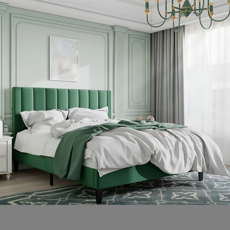 Modern Velvet Upholstered Platform Bed Frame &ndash; Supportive Headboard with Platform Base