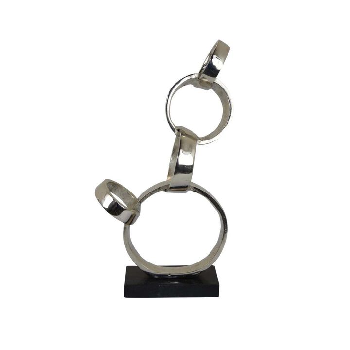 Lo Abstract Interlinked Ring Sculpture, Solid Black Base, Silver Metal - Benzara