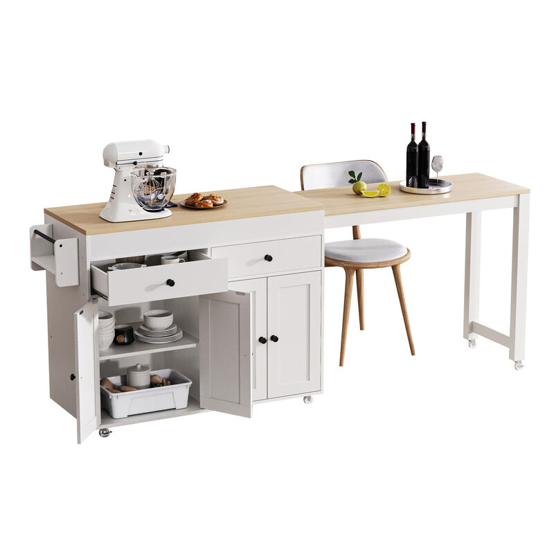 Whisen 74.5" Kitchen Island with Extendable Table, 2 Drawers & Wheels, Particle Board & MDF for Kitchen & Dining Room image number 8