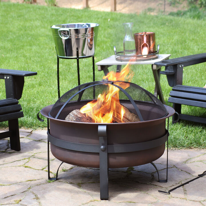 Sunnydaze 29 in Cauldron Style Steel Fire Pit with Spark Screen - Bronze