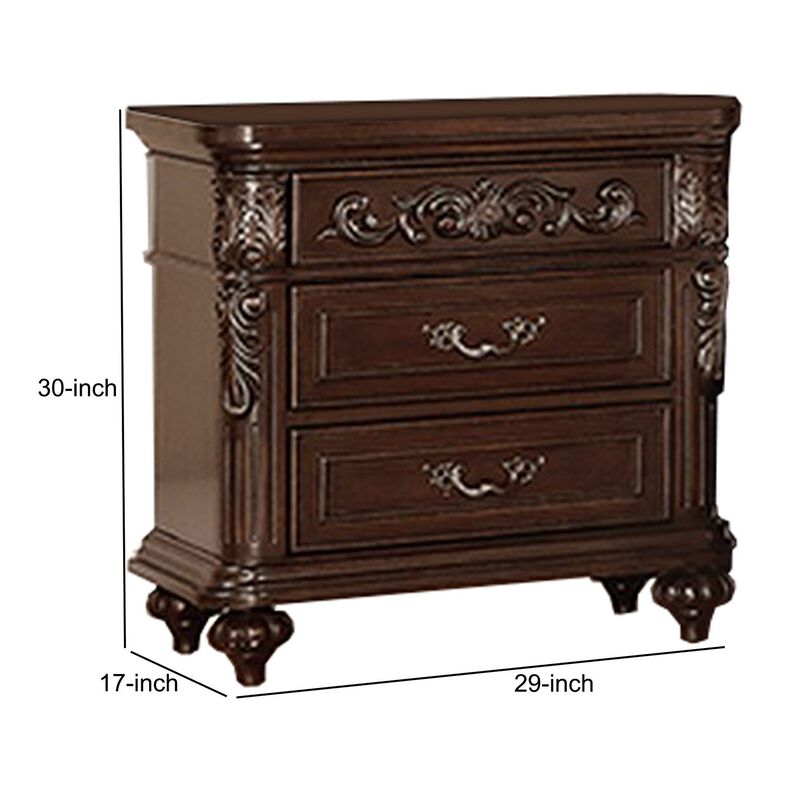 30 Inches 3 Drawer Engraved Wooden Nightstand, Brown-Benzara