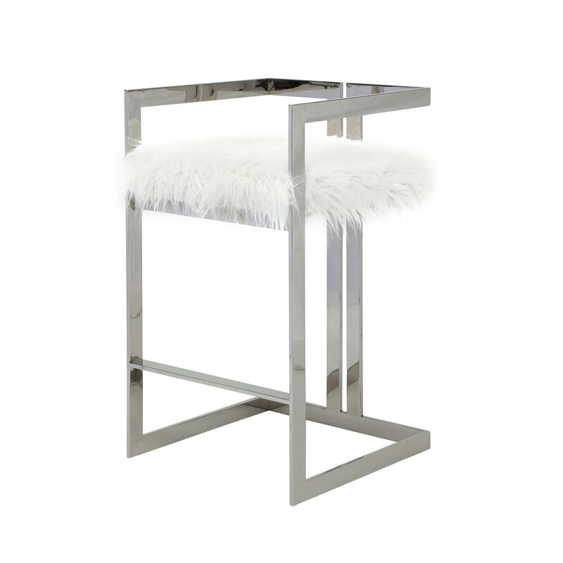 Suki 30 Inch Barstool Chair, White Faux Fur, Silver Stainless Steel Frame