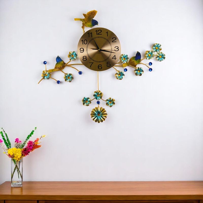 HomeRoots 24" Blue Green And Gold Metal Silent Pendulum Floral Wall Clock image number 1