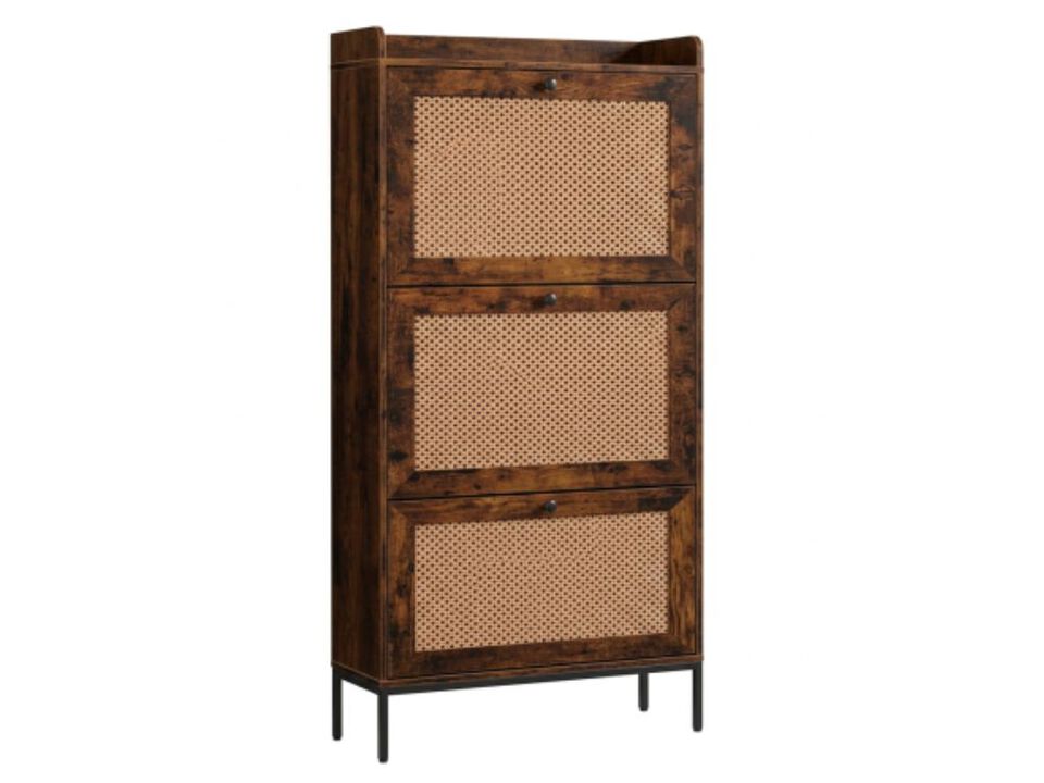 Entryway Wood Shoe Storage Cabinet Flip Drawer Brown Rattan