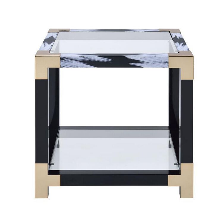 Modern Style Square Metal and Glass End Table With Bottom Shelf, Black and Gold-Benzara
