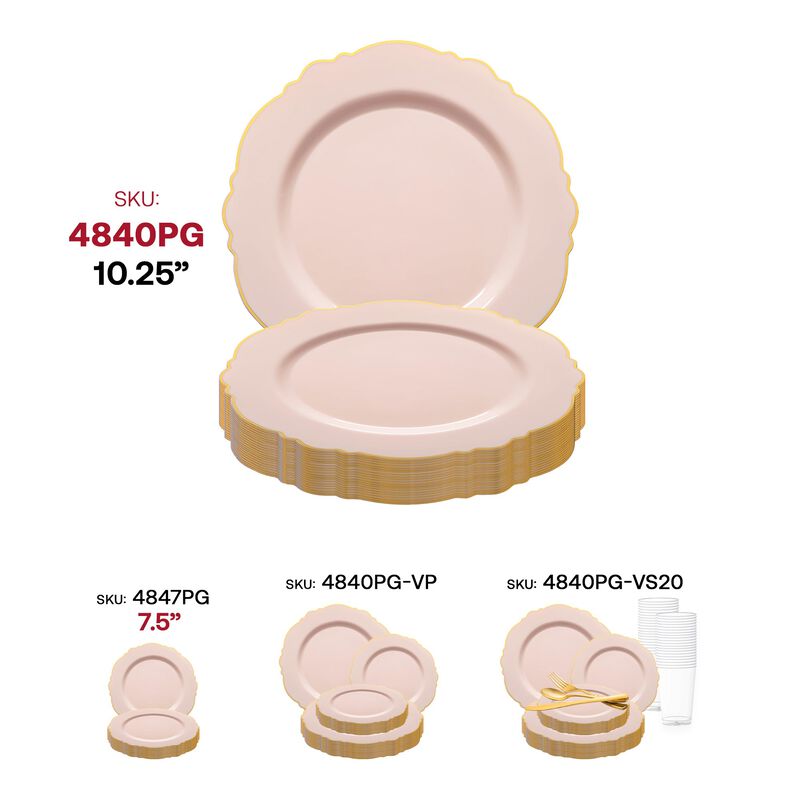 10.25" Pink with Gold Rim Round Blossom Plastic Dinner Plates (120 Plates) image number 5