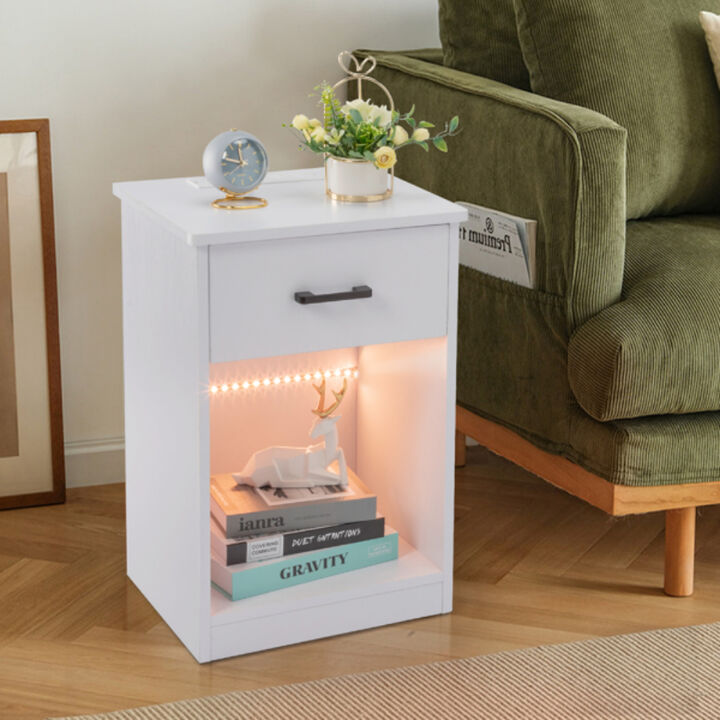 Nightstand with LED Light Single Drawer and Built-in Socket for Bedroom