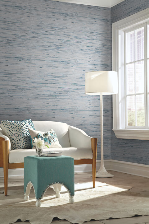 Lustrous Grasscloth Blue & Gold Wallpaper