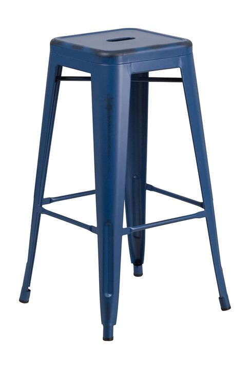 Flash Furniture Kai Commercial Grade 30" High Backless Distressed Antique Blue Metal Indoor-Outdoor Barstool