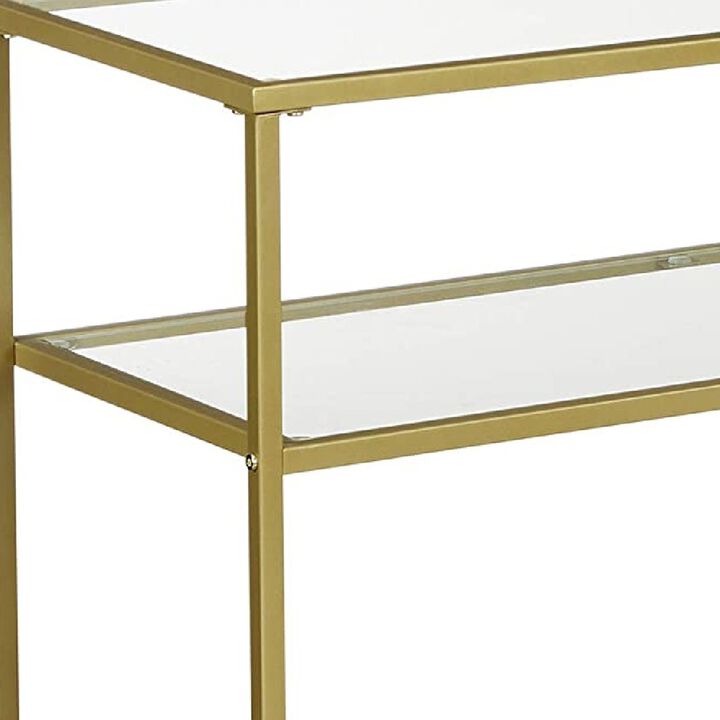 Kin 39 Inch Sofa Console Table, Metal Frame, Tempered Glass Shelves, Gold