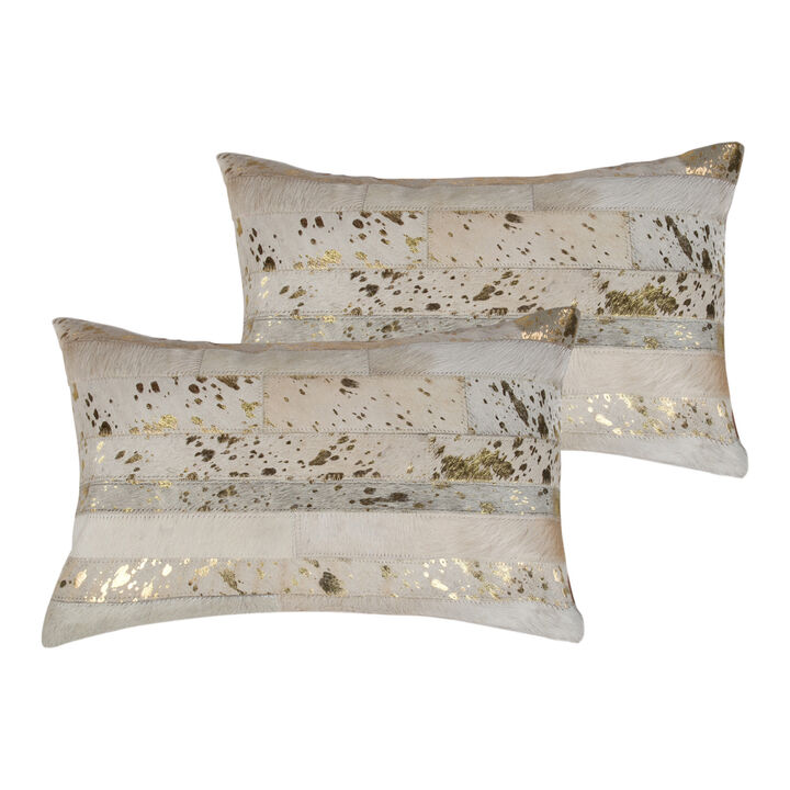 HomeRoots Set of Two 12" X 20" Natural and Gold Patchwork Cowhide Lumbar Throw Pillows with Glitter