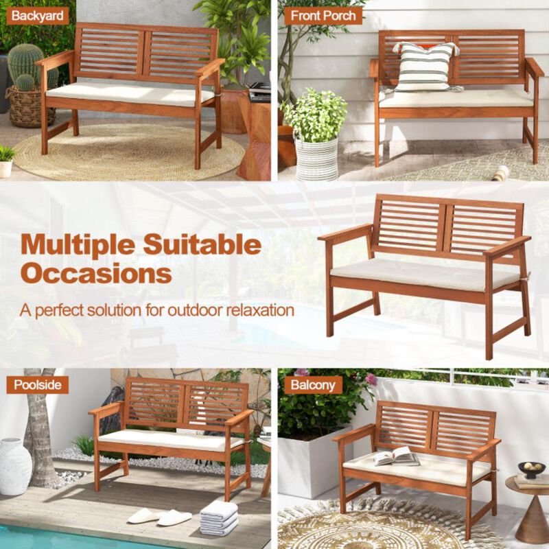 Hivvago 2-Person Solid Wood Patio Bench with Backrest and Cushion