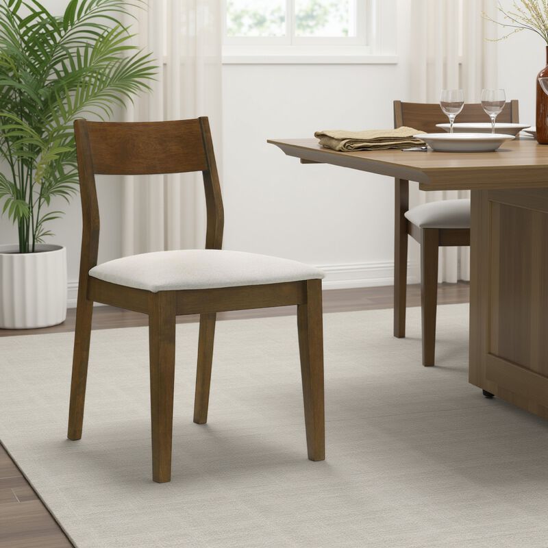 Montena Dining Chair Set of 2, White Fabric Seat, Dark Brown Wood - Benzara