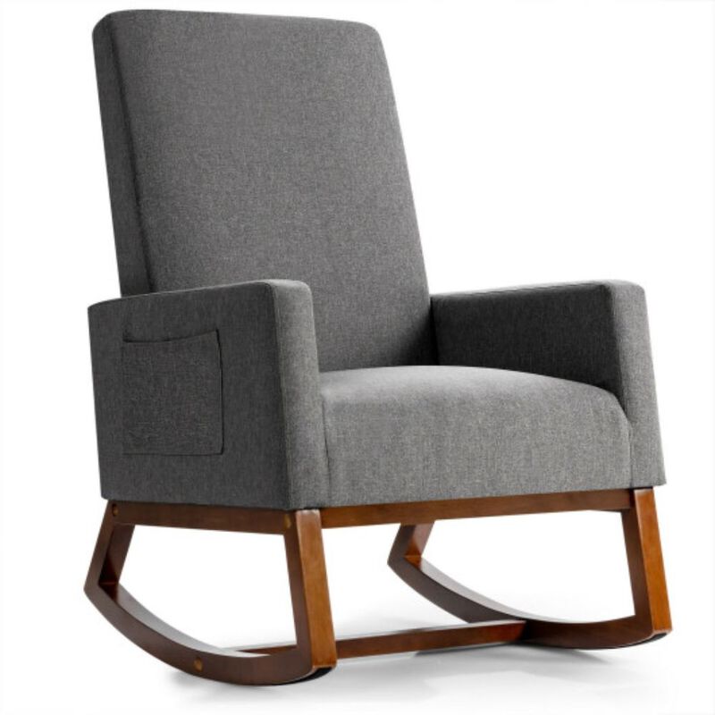 Rocking High Back Upholstered Lounge Armchair with Side Pocket-Gray image number 1