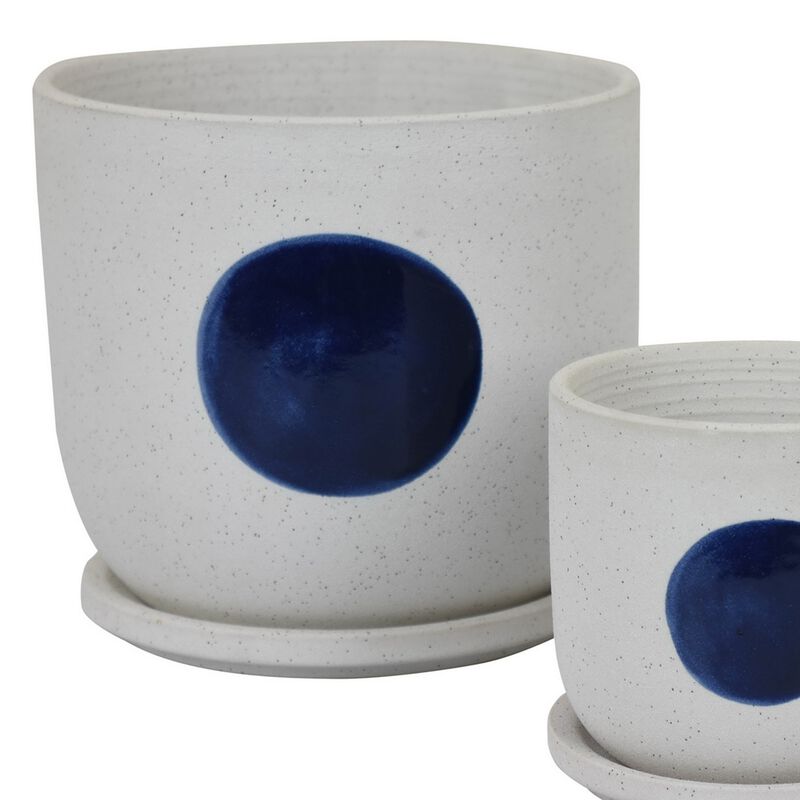 Meon 3pc Garden Planter Set, Textured White and Blue Ceramic Design - Benzara