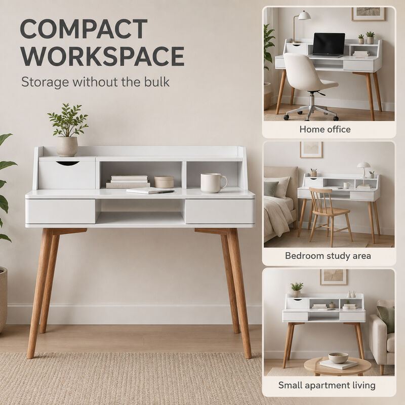 Teamson Writing Desk with Hutch, Drawers, Flip Drawer, Cubbies, Cable Opening, White MDF & Natural Wood Legs, Compact Office Desk for Home, Creativo Collection image number 2