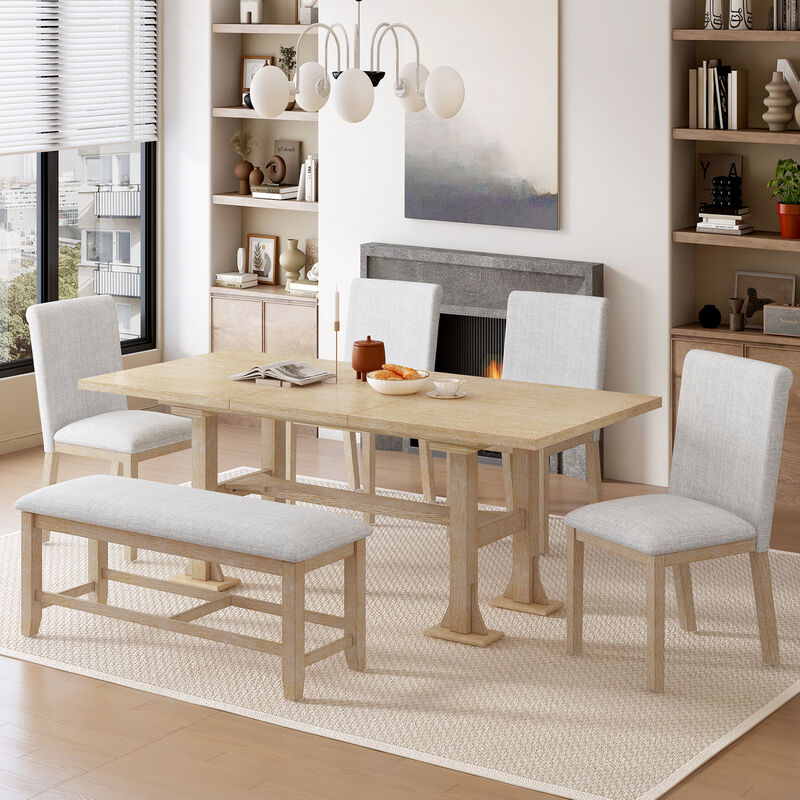 Merax Expandable Dining Table Set with 4 Cushioned Chairs & Sturdy Bench, Solid Wood Construction image number 2