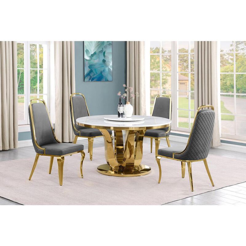 5pc White marble round dining set with gold base and 4 Dark Grey side chairs