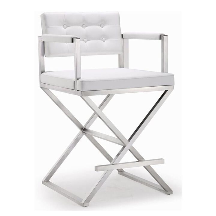 Tov Furniture The Director Collection Stainless Steel Metal Leather Upholstered Industrial Modern Counter Stool with Back & Arms, White