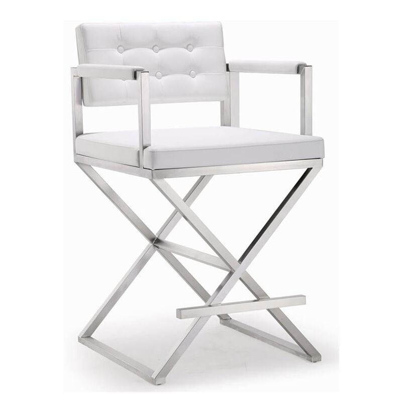 Tov Furniture The Director Collection Stainless Steel Metal Leather Upholstered Industrial Modern Counter Stool with Back & Arms, White image number 0