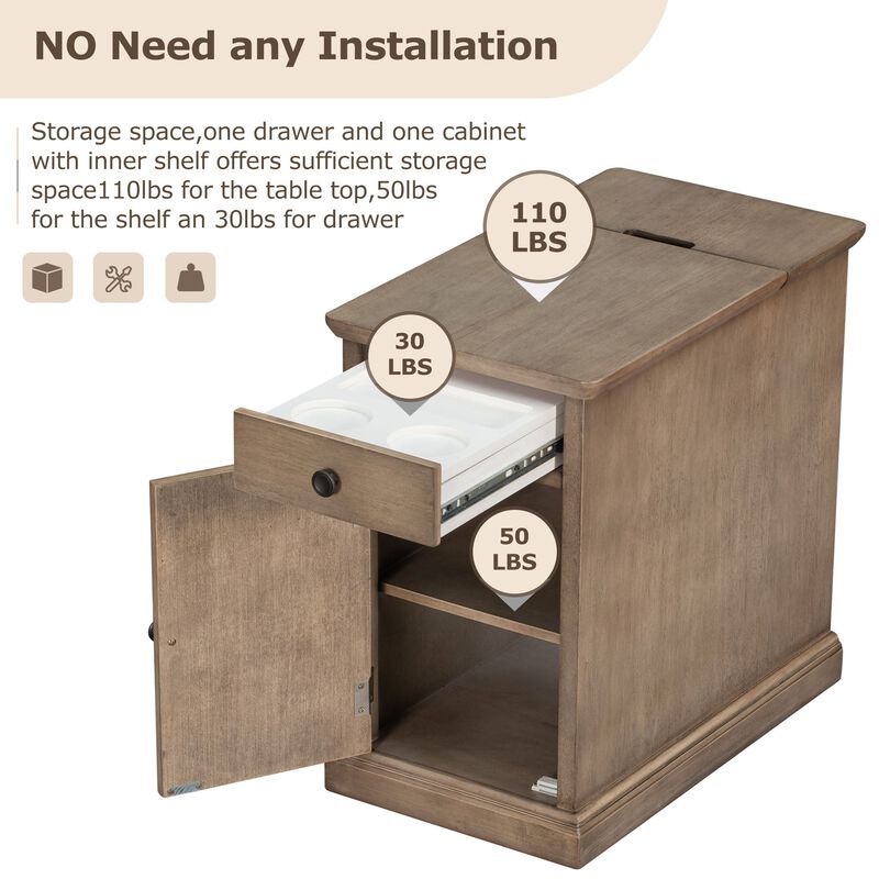 Clihome Classic Vintage Livingroom End Table Side Table with USB Ports and One Multifunctional Drawer with cup holders image number 6