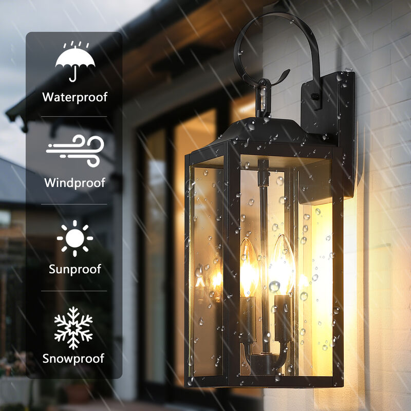 19 in. Modern Farmhouse Black 2-Light Dimmable Outdoor Wall Lantern with Clear Glass Shade(Set of 2) image number 4