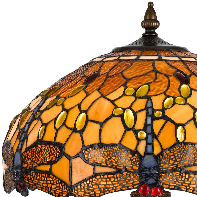 2 Bulb Tiffany Table Lamp with Dragonfly Design Shade, Multicolor-Benzara