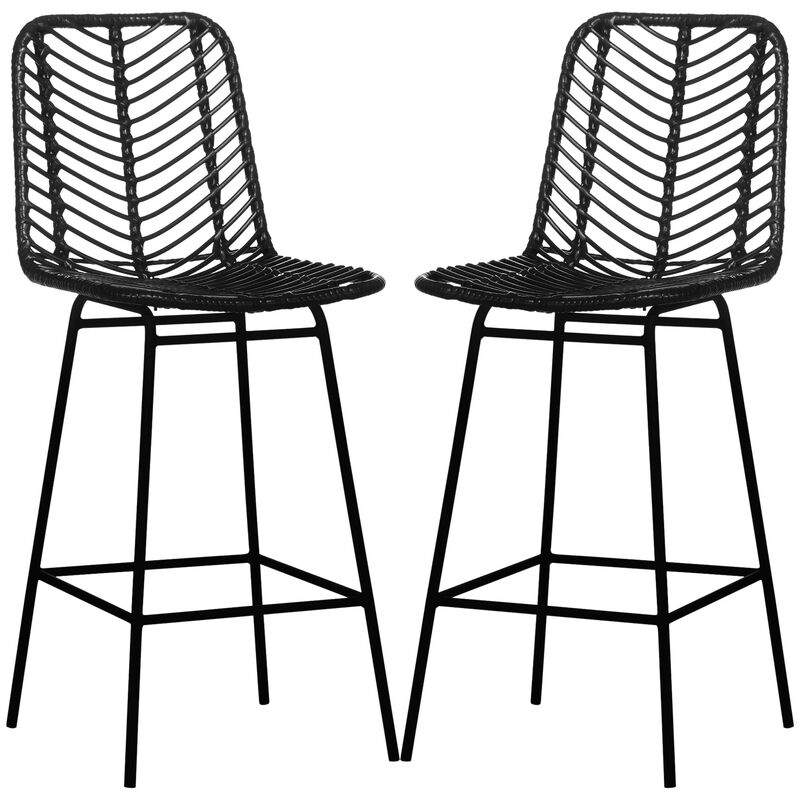 Black Rattan Barstools: Set of 2, Counter Height, Steel Legs
