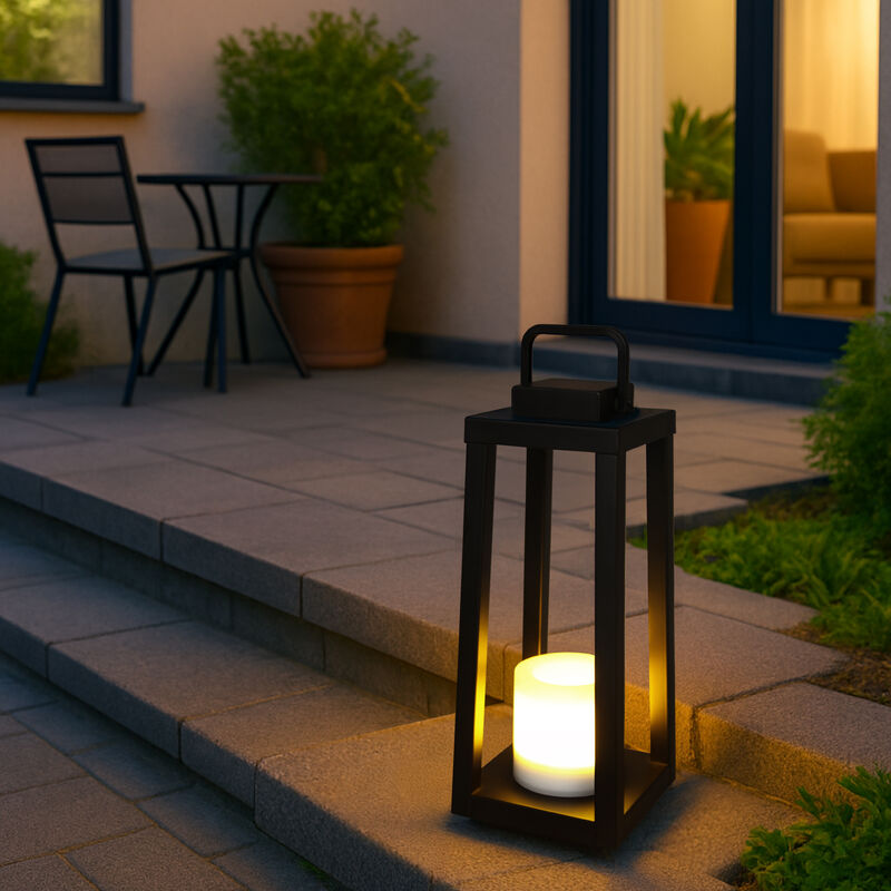 1 Light H16" Modern Matte Black Solar Lantern with Candle Shape Outdoor Light Decorative Portable Hanging LED Lights for Patio Camping image number 2