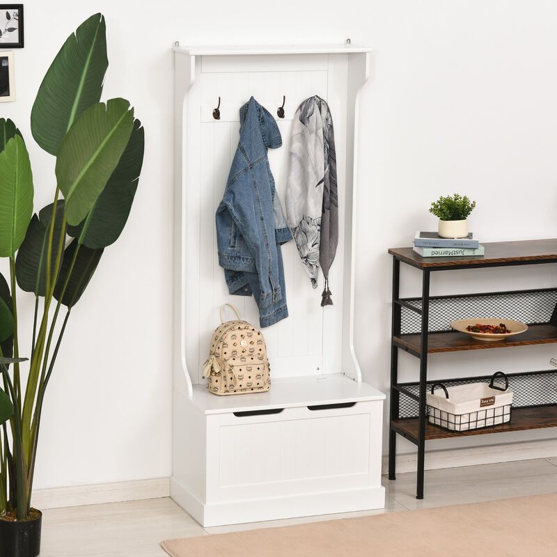 3-In-1 Entryway Hall Tree with Storage Bench Coat Racks 4 Hooks Wooden Seat Space Saving Simple Robust White
