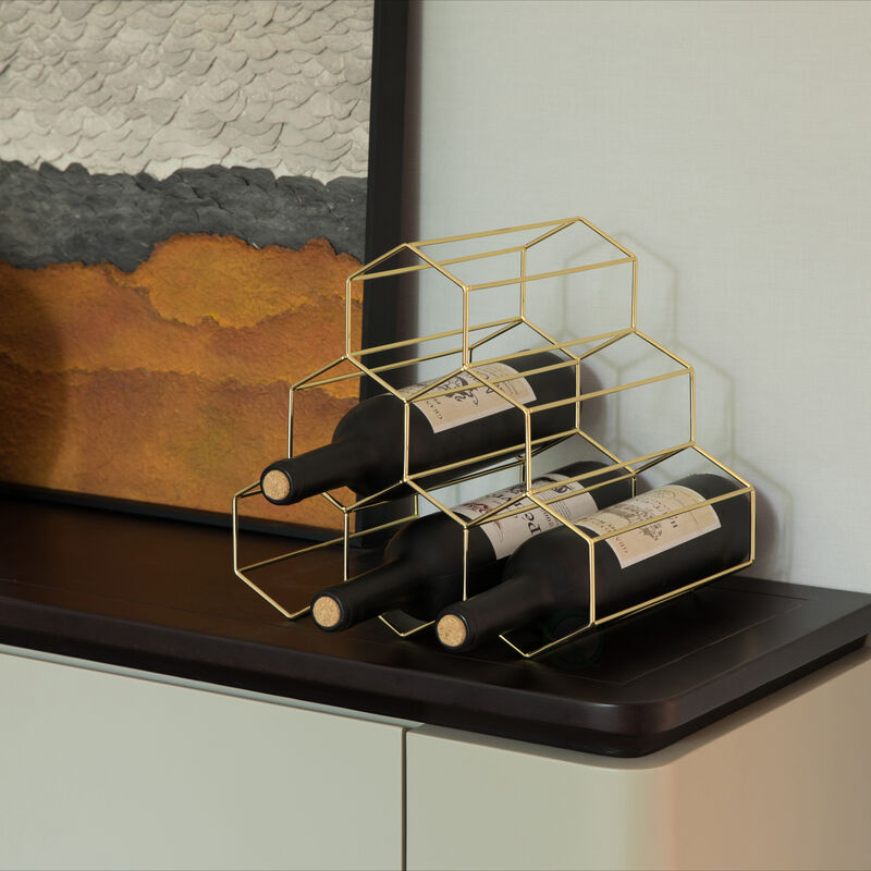 6 Bottle Gold Metal Modern Beehive Honeycomb Shape Countertop Wine Bottle Holder Rack Stand