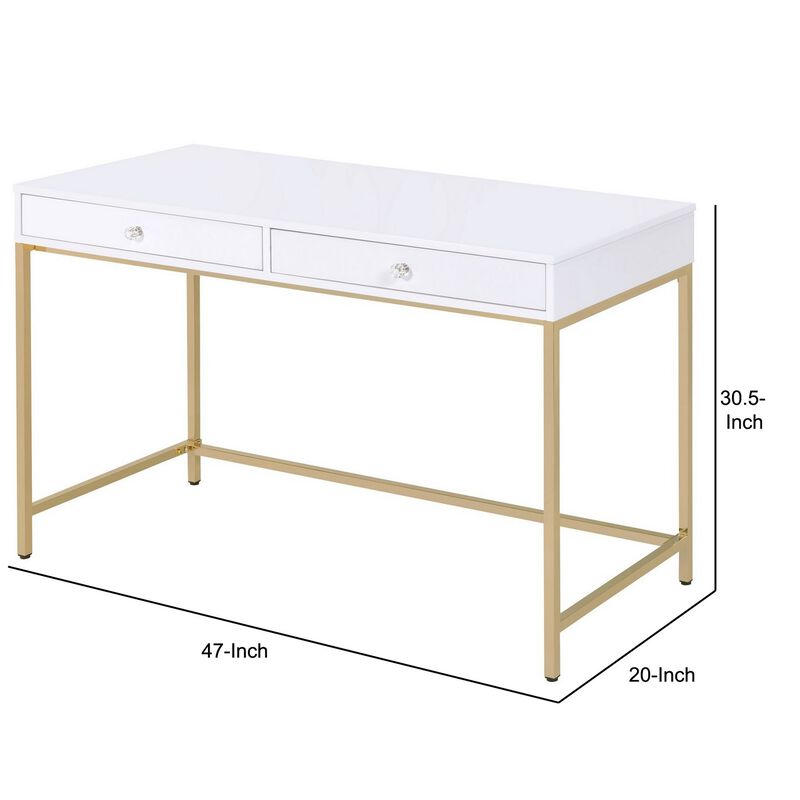 Two Drawers Wooden Desk with Tubular Metal Base, White and Gold