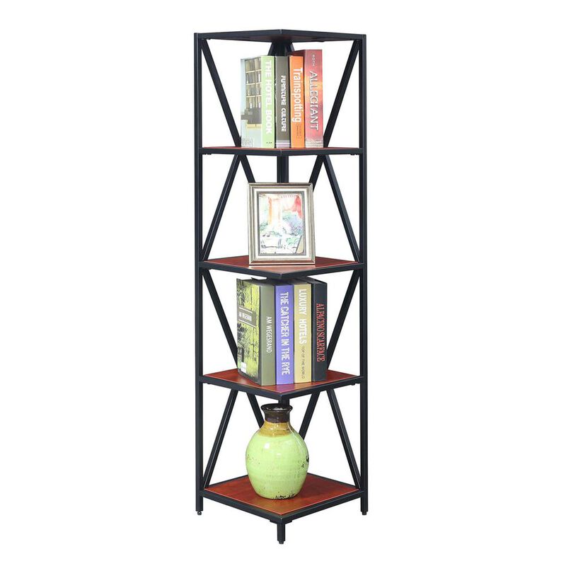 Convenience Concepts Tucson Metal 5 Tier Corner Bookcase, Cherry/Black