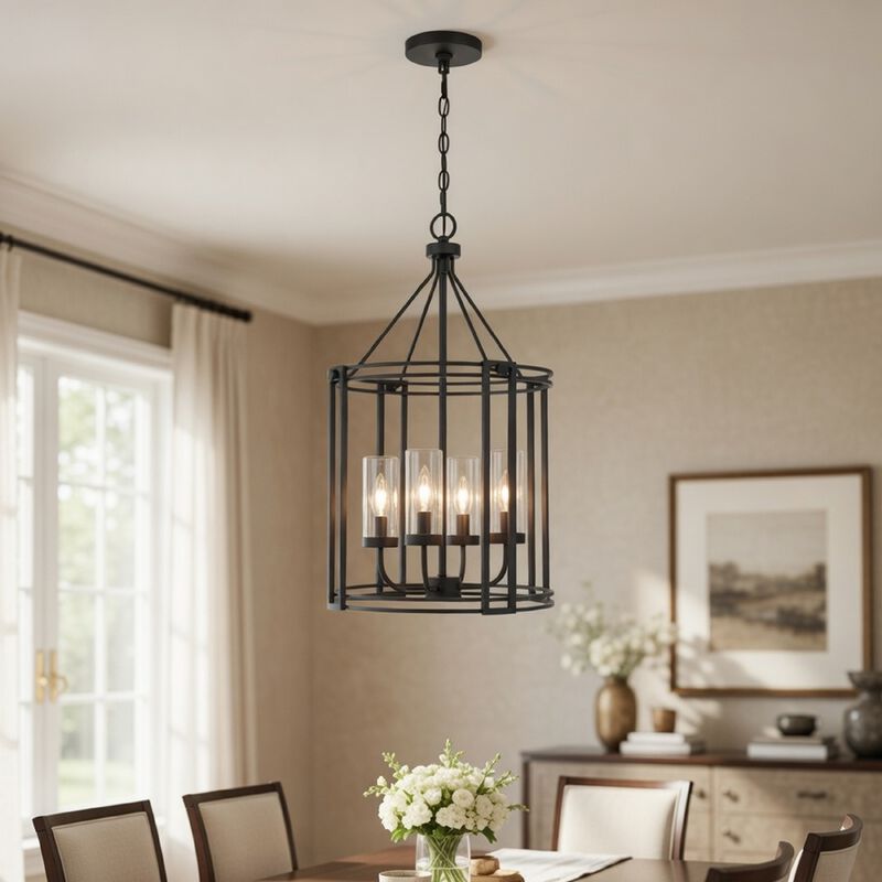 4-Light Chandelier with Clear Glass Shades, 26 Inch Black Round Cage image number 8