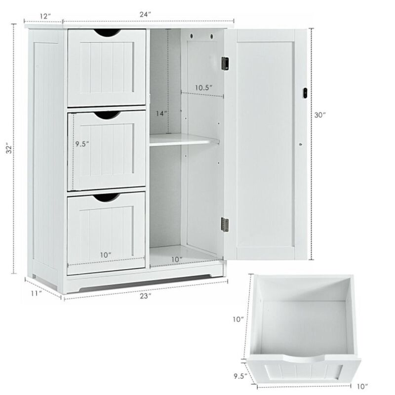 Hivvago Bathroom Floor Cabinet Side Storage Cabinet with 3 Drawers and 1 Cupboard