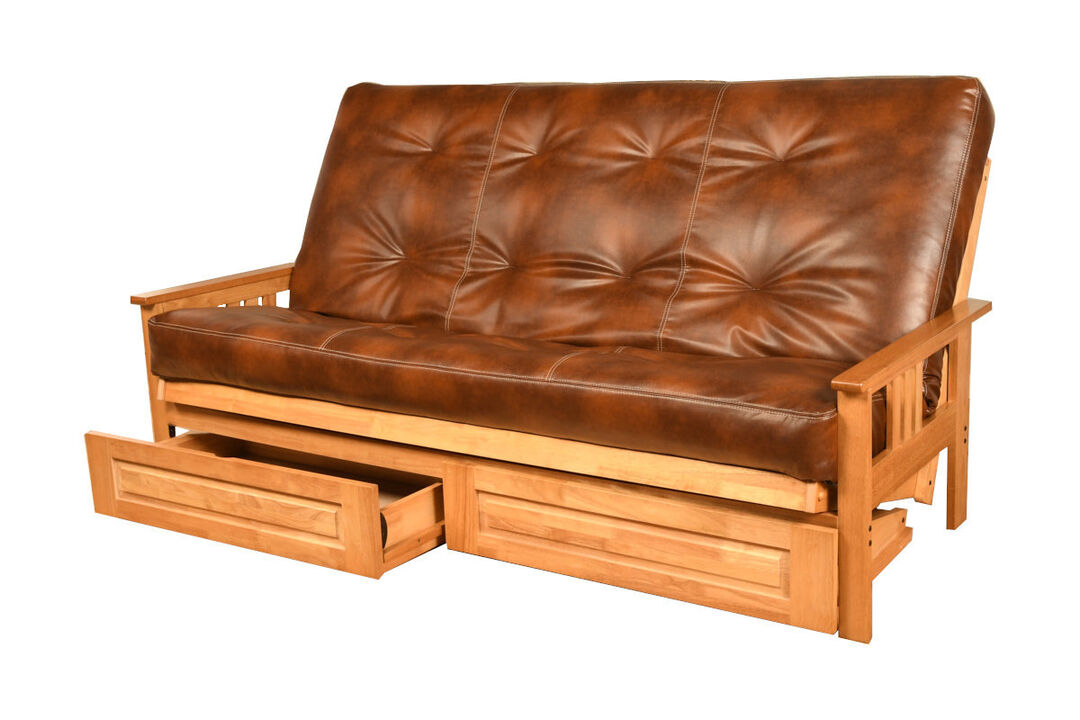 Monterey Queen-size Futon with Storage Drawers in Butternut Finish with Saddle Brown Mattress