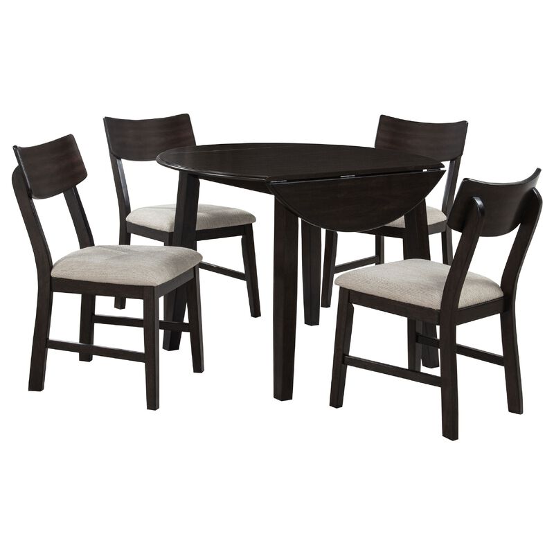 Caty 5pc Round Dining Table Set with 4 Chairs, 2 Drop Leaves, Brown image number 2