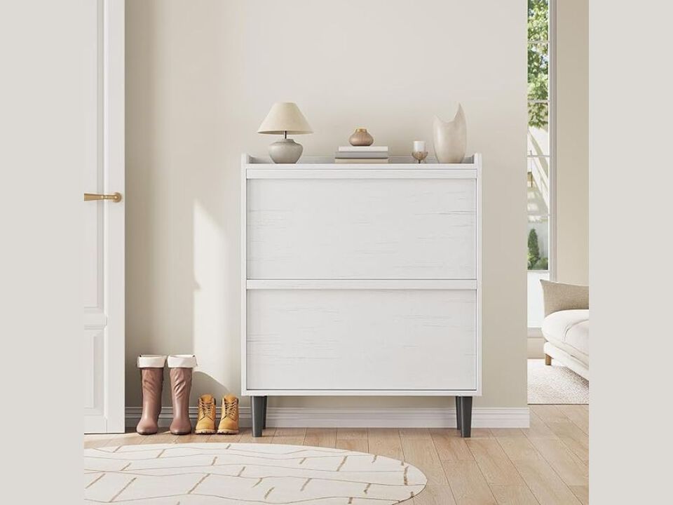 Entryway Wood Shoe Storage Cabinet Flip Drawer Adjustable Shelves White