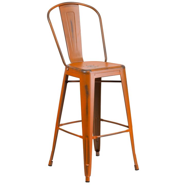 Flash Furniture Commercial Grade 30" High Distressed Orange Metal Indoor-Outdoor Barstool with Back