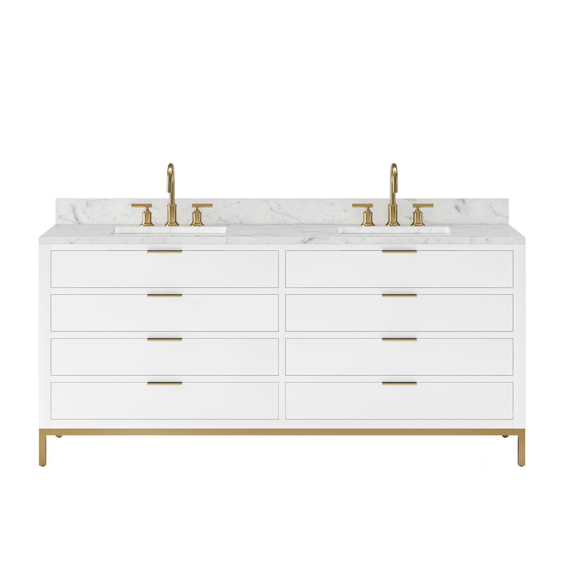 Bristol 72 In. Double Sink Carrara White Marble Countertop Bath Vanity in Pure White
